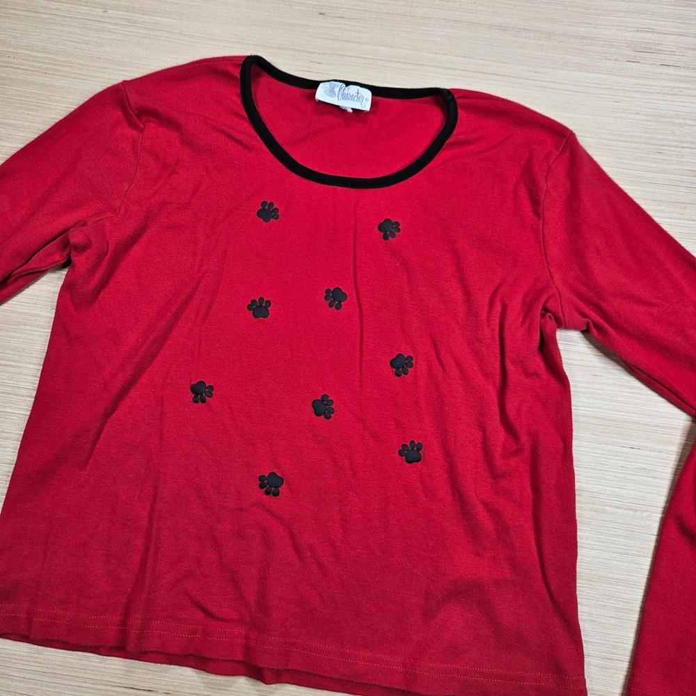 Character Long‎ Sleeve T-Shirt Women L Red Paw Print Graphic Ringer Tee READ